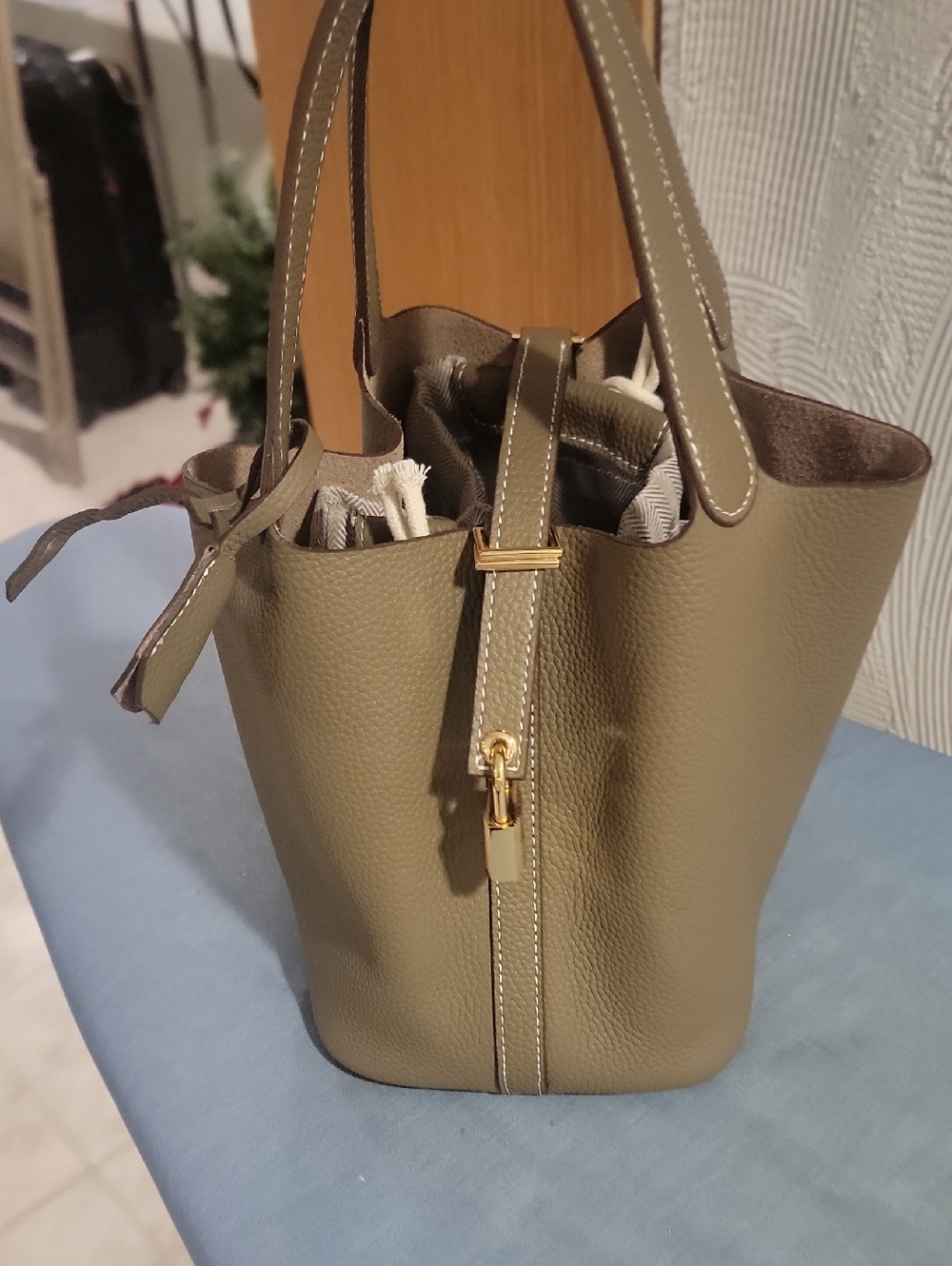 Olive Green Leather Tote Bag with Gold Hardware